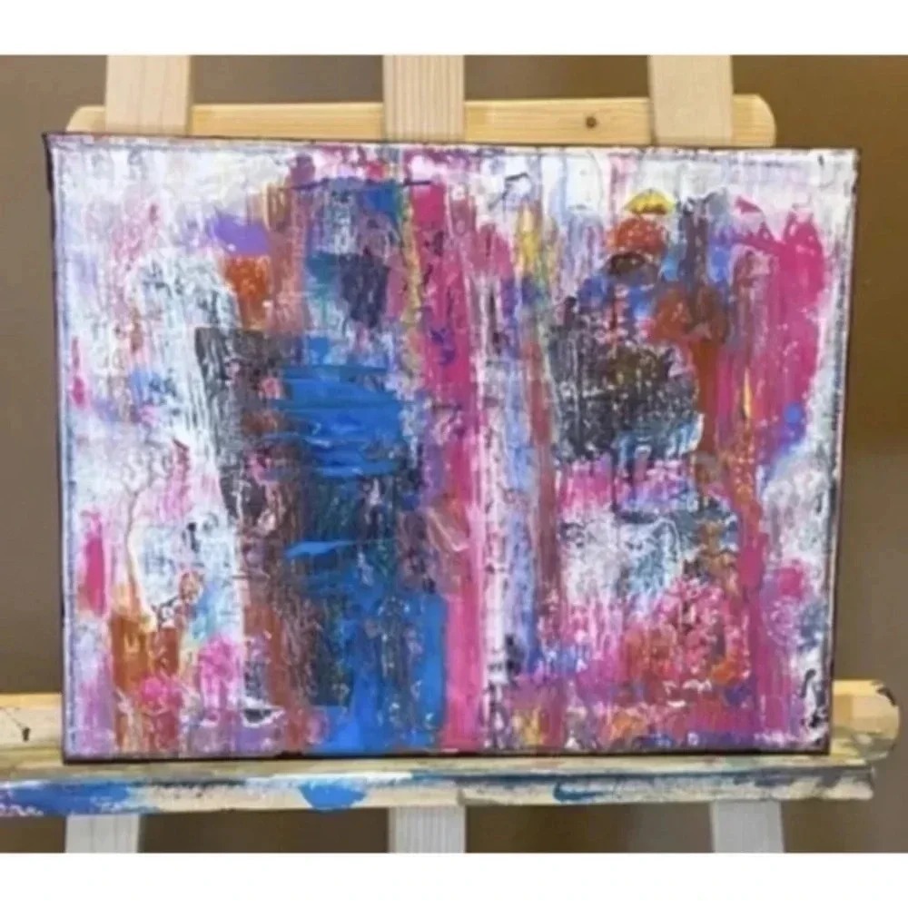 Original Canvas Painting Grunge Art Pink Blue Titled Behind The Makeup 11 x 14